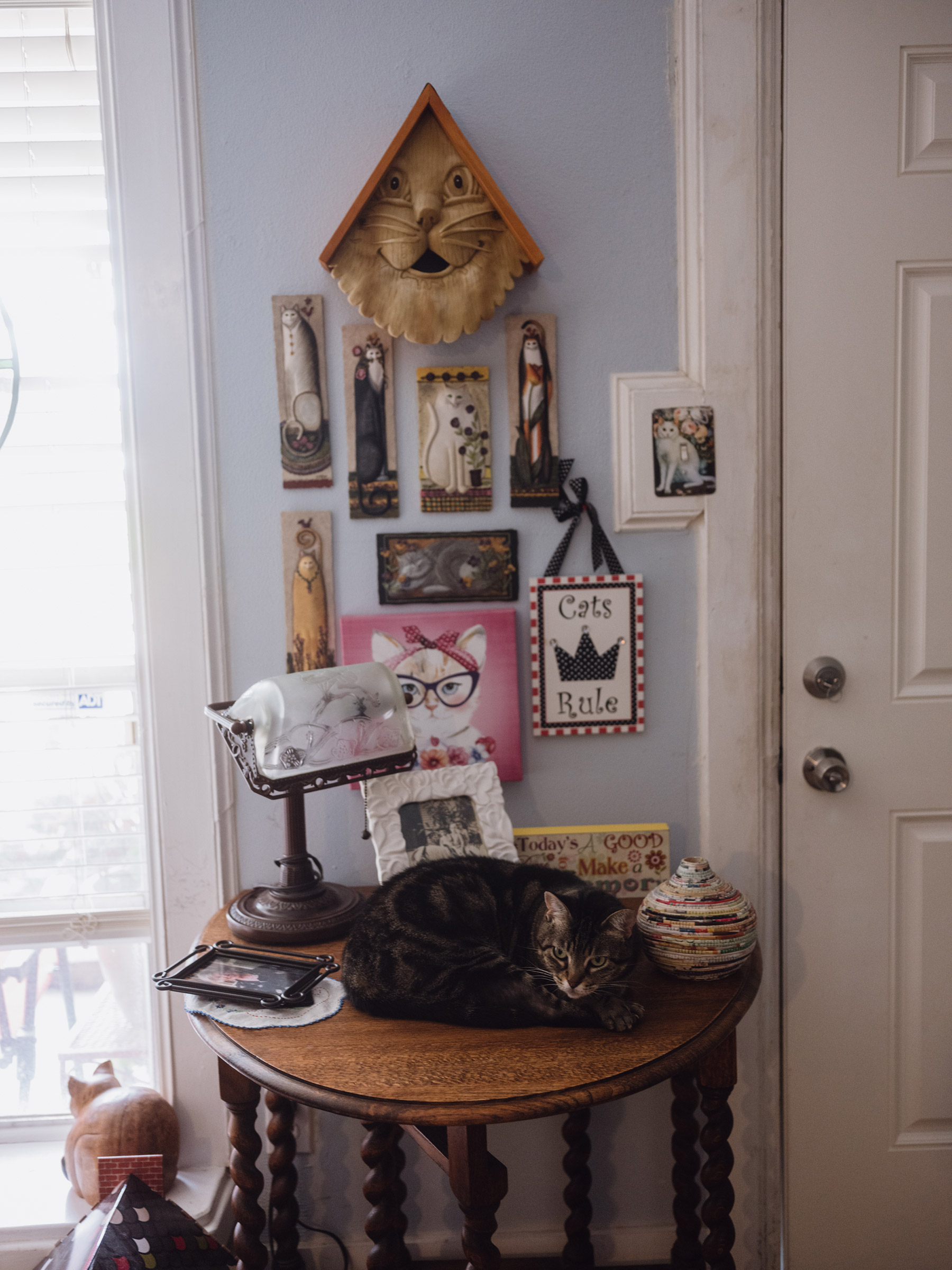 Nancy Thompson's cat keeps her company at home.